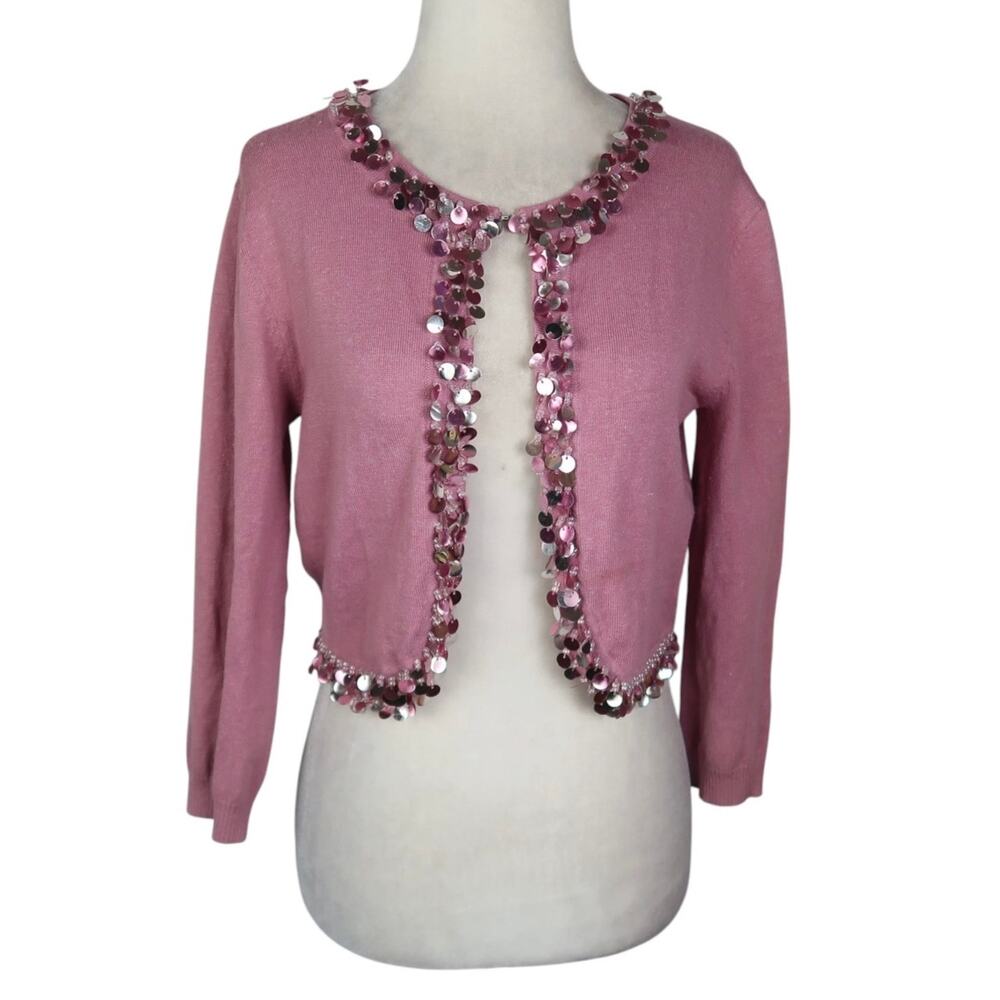 Vintage Y2K 52 Weekends Mauve Pink Sequin Bolero Cardigan Crop Sweater Shrug